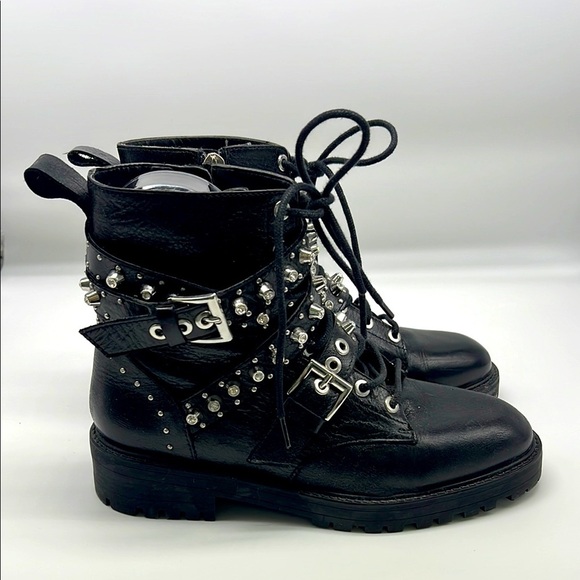 Zara - Black Leather Bejeweled Criss Cross Lace Up Biker Ankle Boot Size 6 - Picture 1 of 14